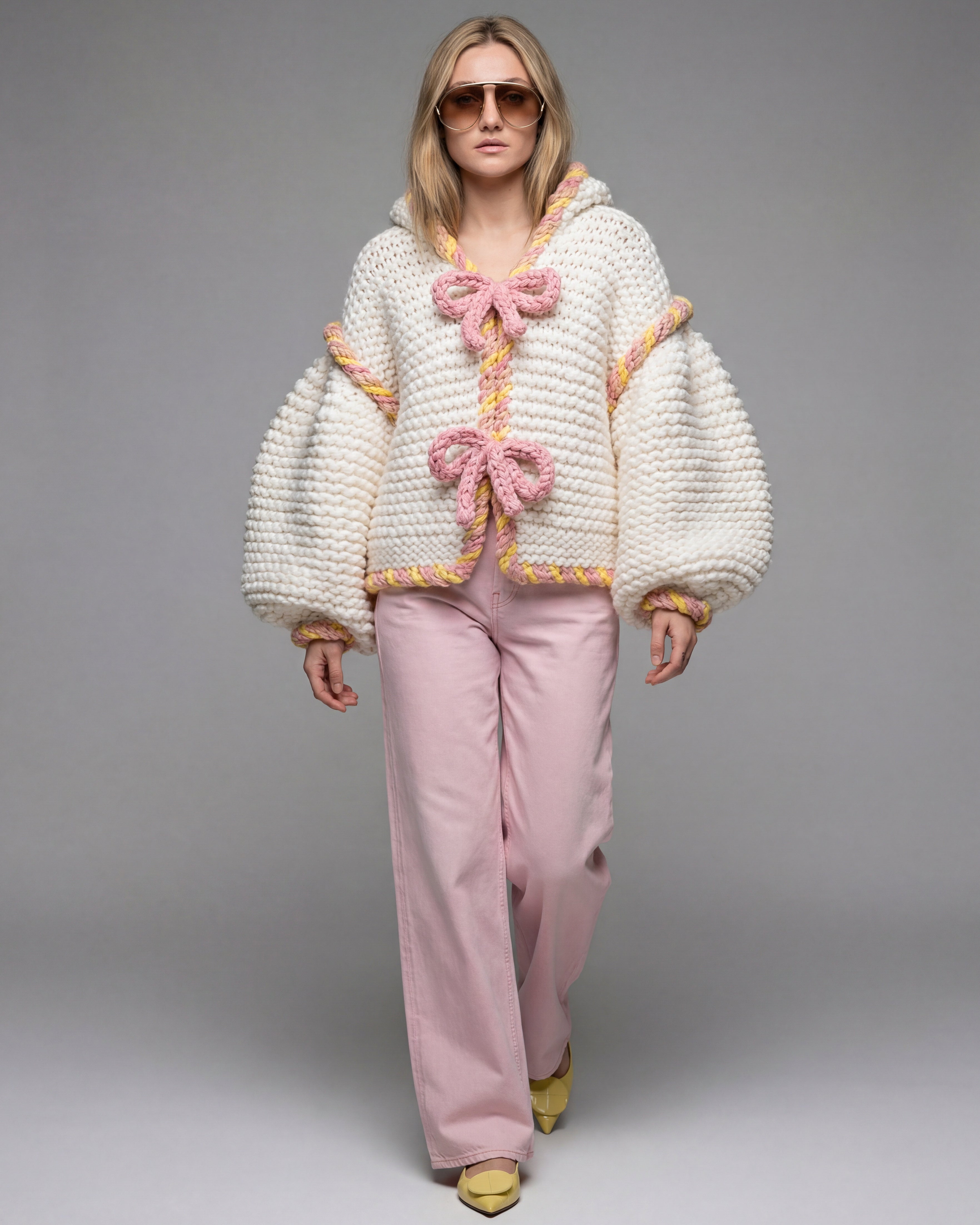 Woman wearing a white knitted cardigan with pink bows and pink pants on a gray background