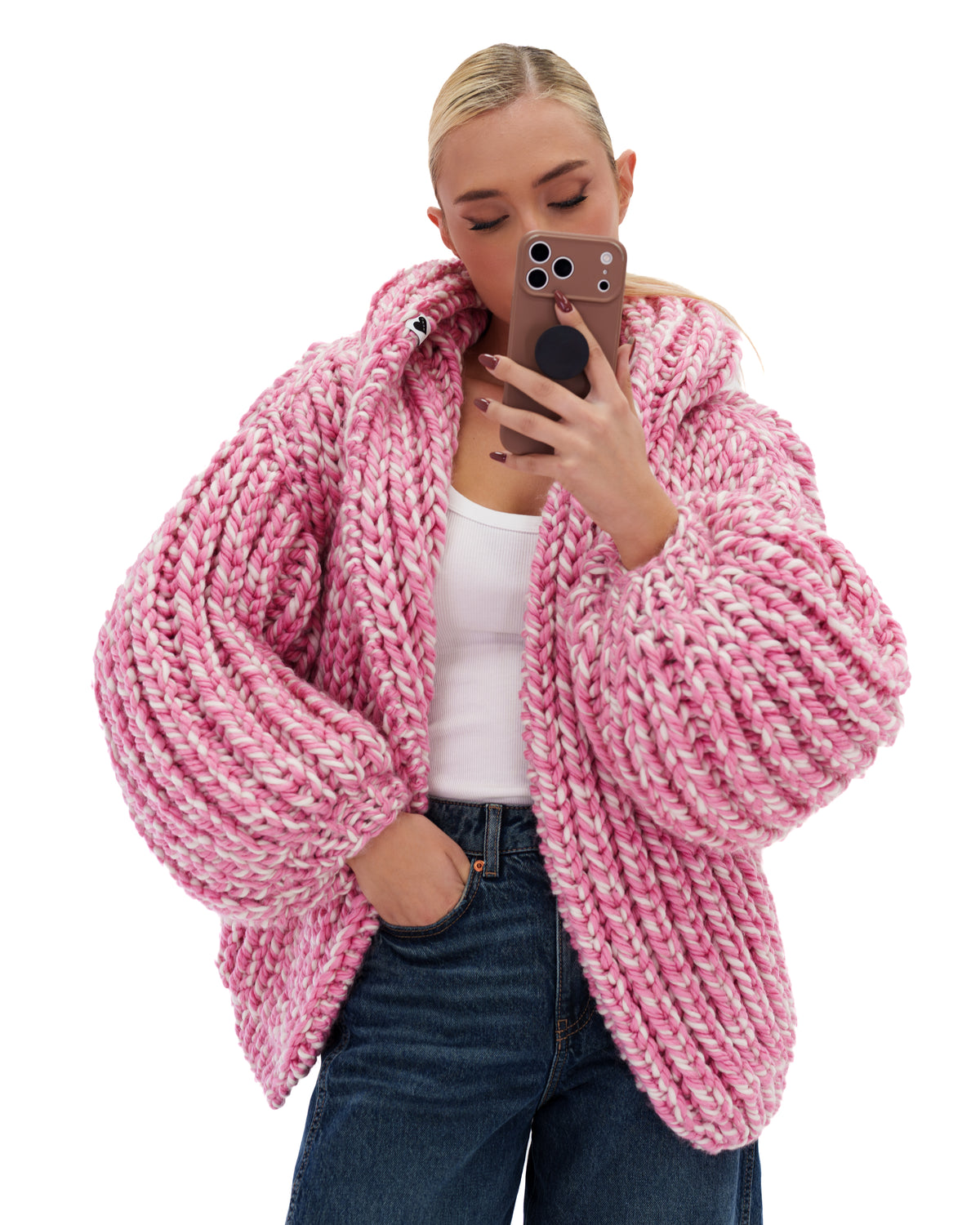 Hooded Chunky Cardigan Pink Twist