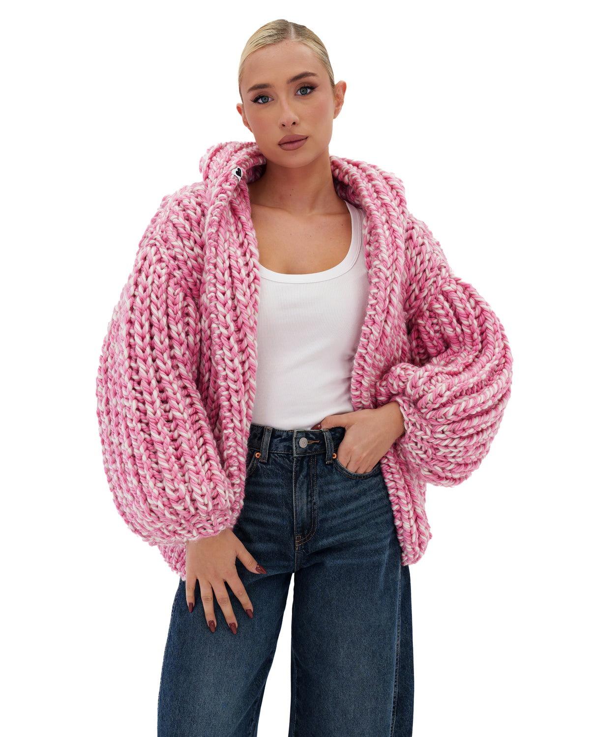Hooded Chunky Cardigan Pink Twist