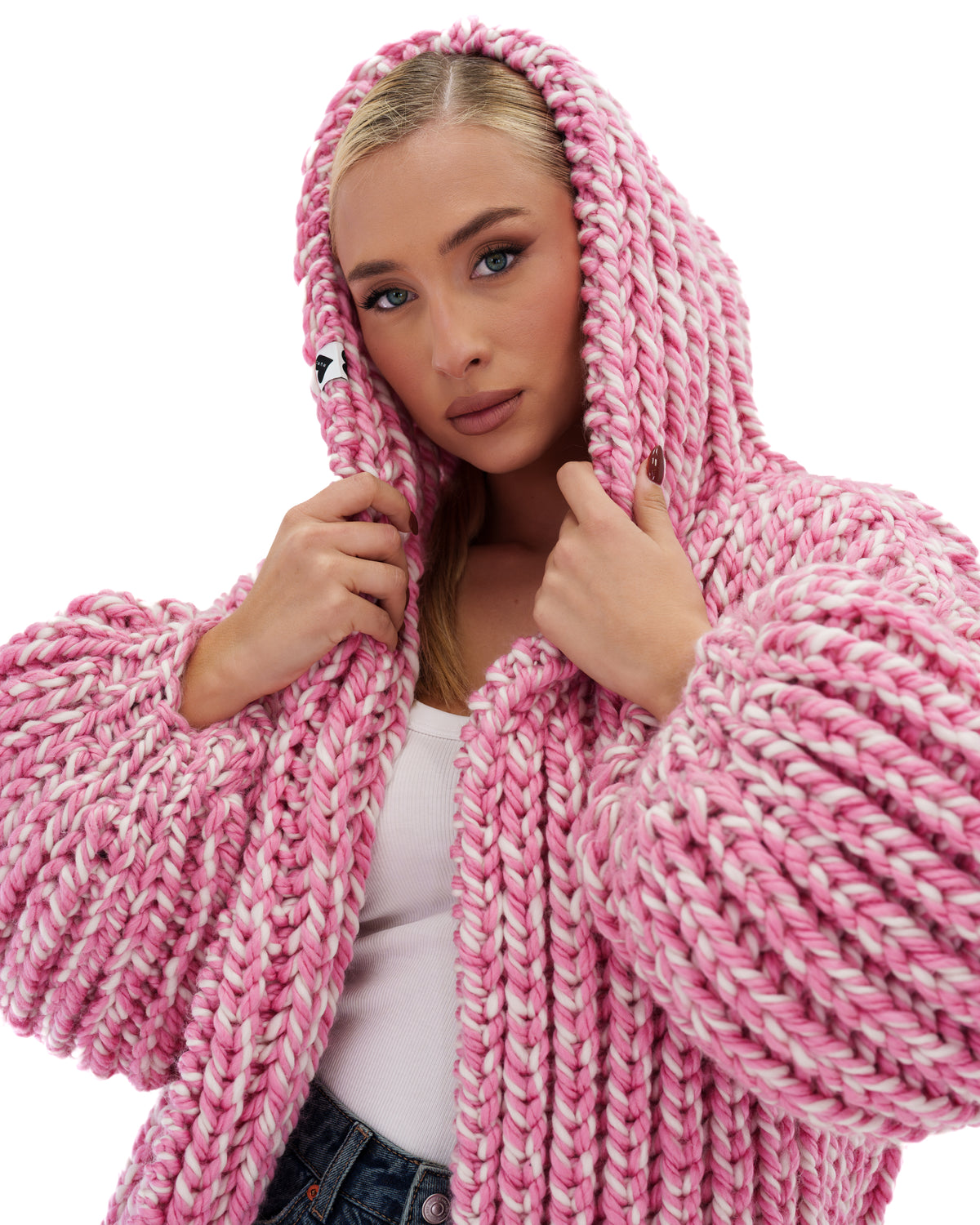 Hooded Chunky Cardigan Pink Twist