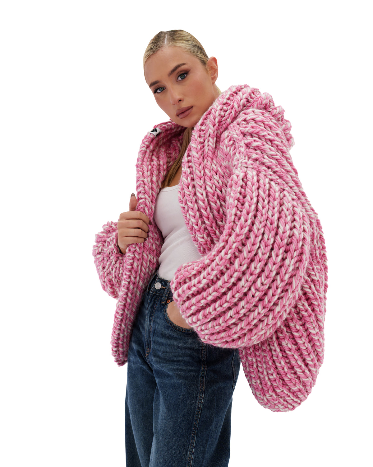 Hooded Chunky Cardigan Pink Twist