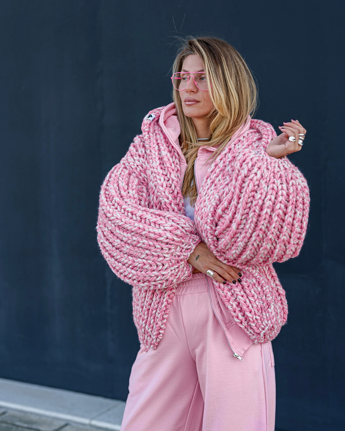 Hooded Chunky Cardigan Pink Twist