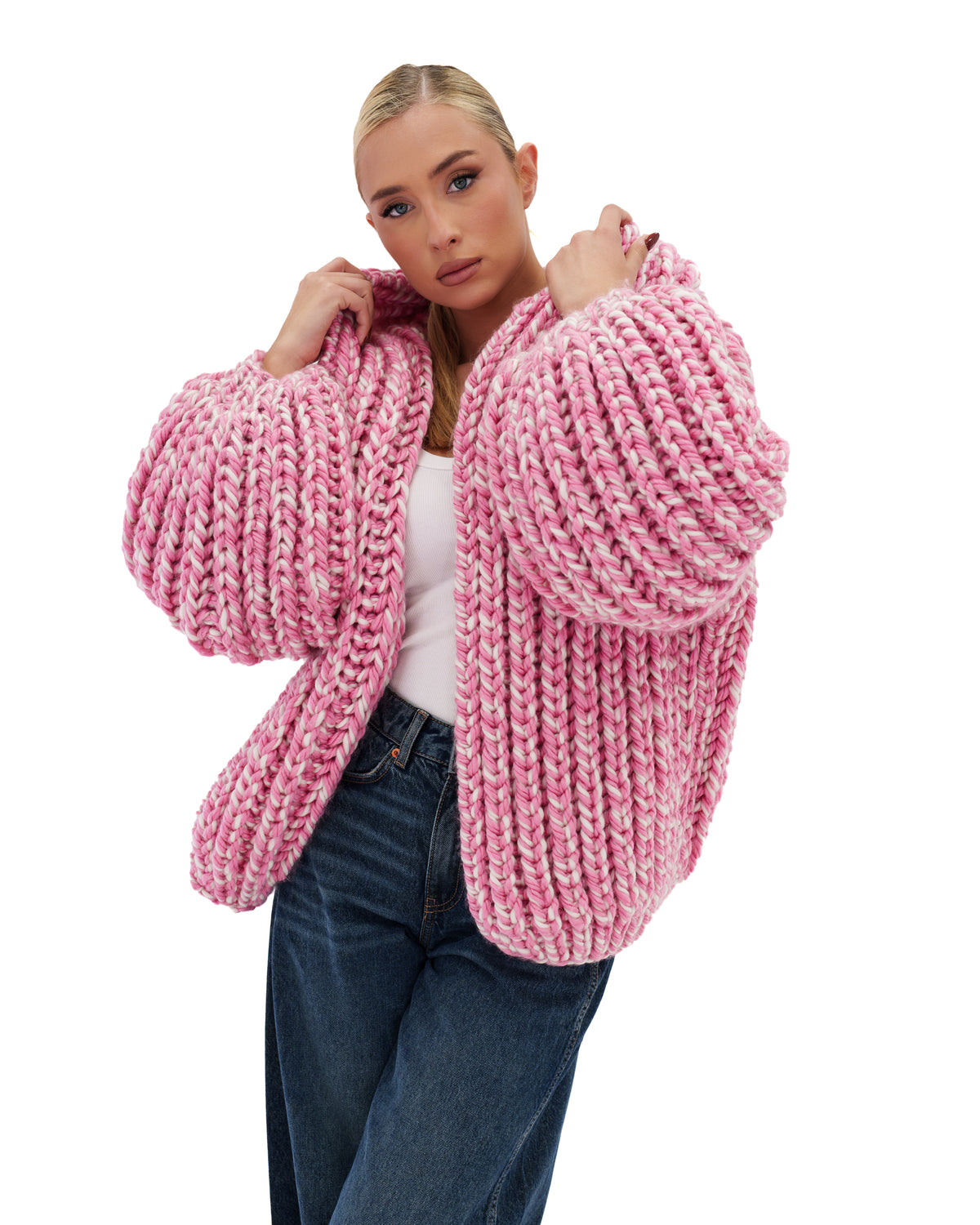 Hooded Chunky Cardigan Pink Twist