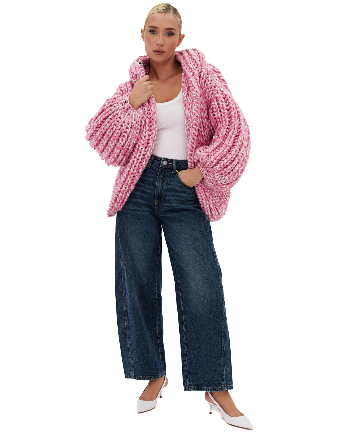 Hooded Chunky Cardigan Pink Twist