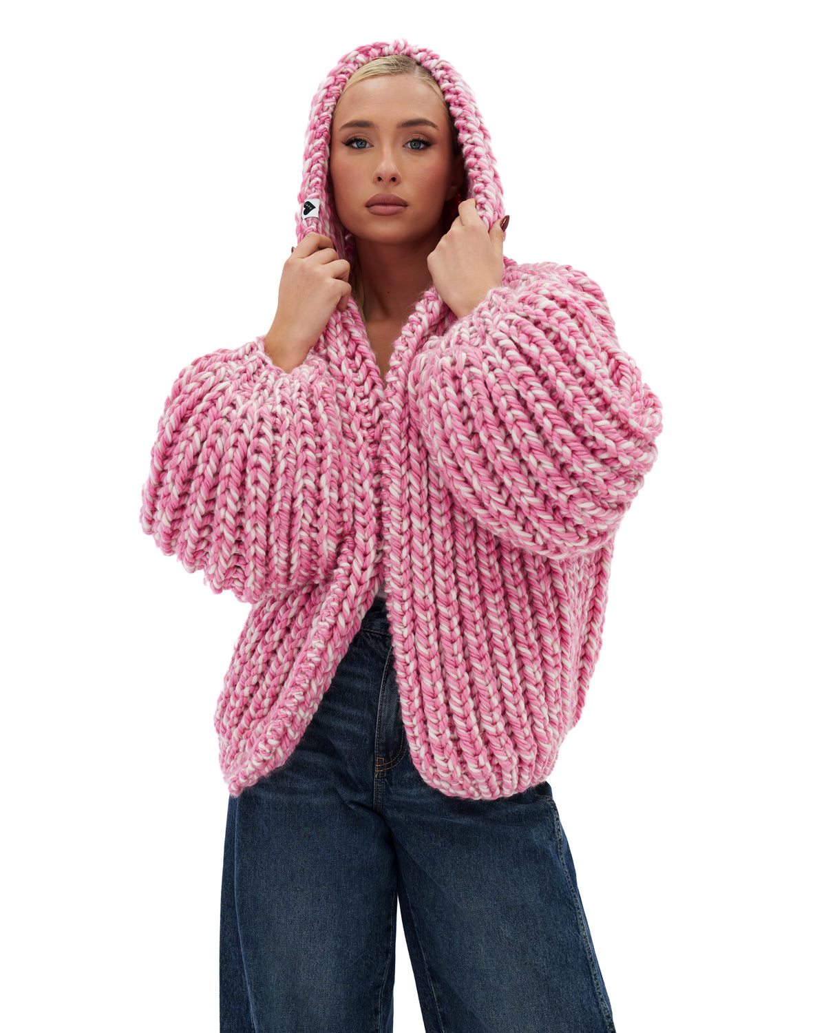 Hooded Chunky Cardigan Pink Twist