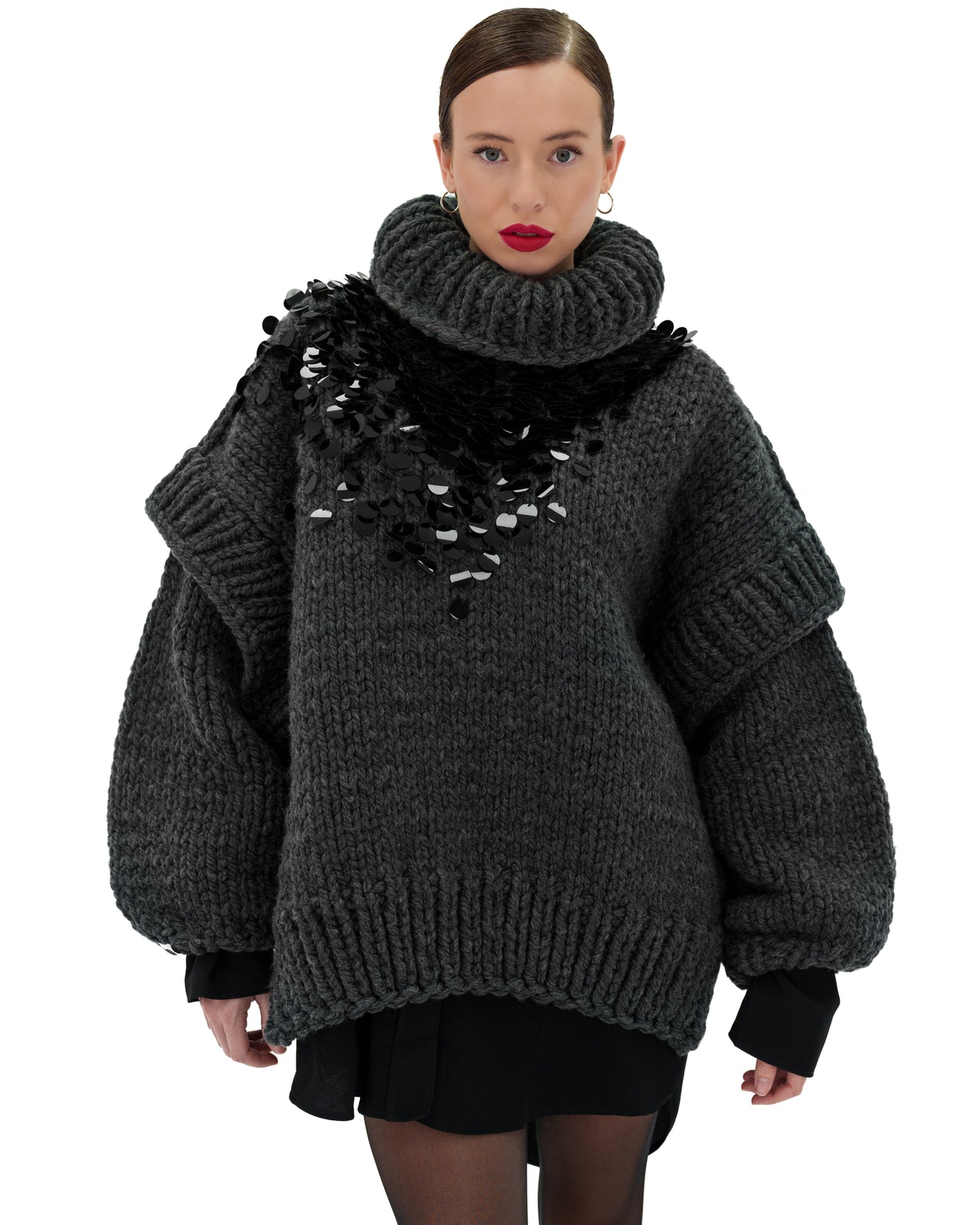 Chic Grey V Neck Sequins Cotton Knit Sweater Fall
